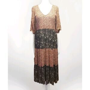 Natural Life Medium Midi Dress Multi Floral Tiered Boho Cottagecore Lagenlook
